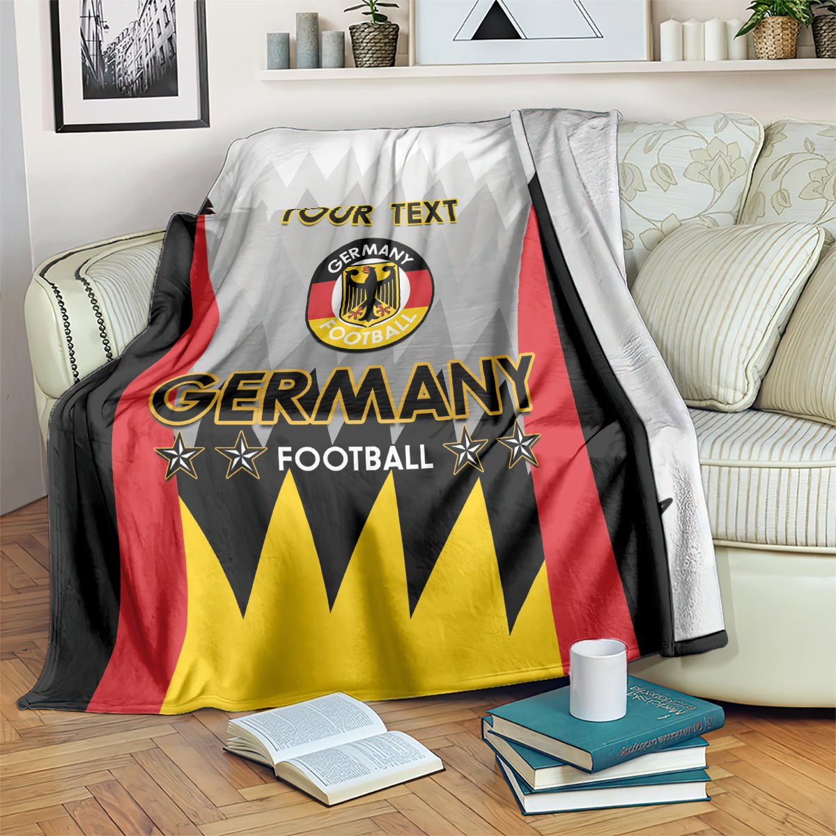 White Germany football custom blanket with “YOUR TEXT” headline and crest, red black yellow stripes