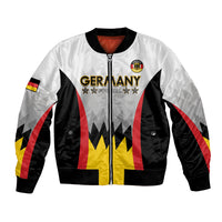 White bomber jacket with zip front, black trim, Germany flag and football crest