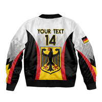 White bomber jacket with zip front, black trim, custom text and number 14 shield graphic