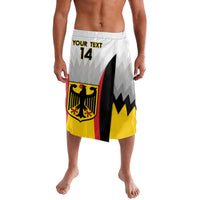 White football-style lavalava shorts with 'YOUR TEXT 14' and Germany crest, front view