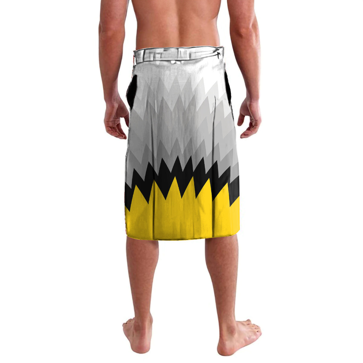 White football-style lavalava shorts with zigzag gray and yellow panel, back view