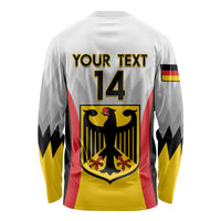 Back of white long-sleeve football shirt with custom text 14 and German crest
