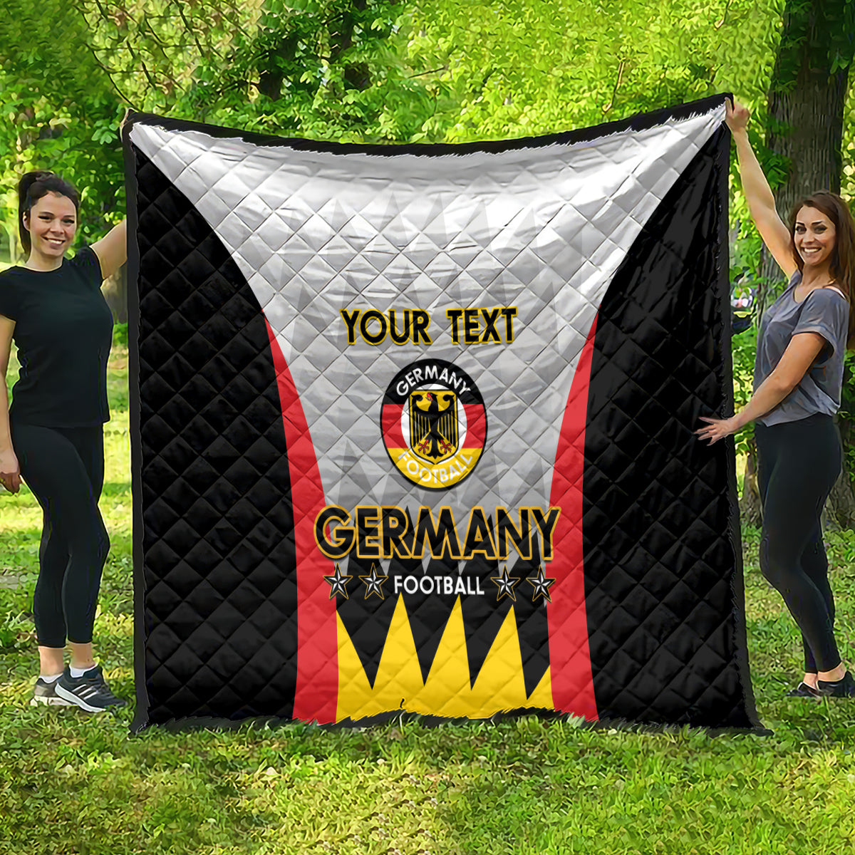 Germany football quilt spread out, white panel with red stripe, yellow bottom, custom text