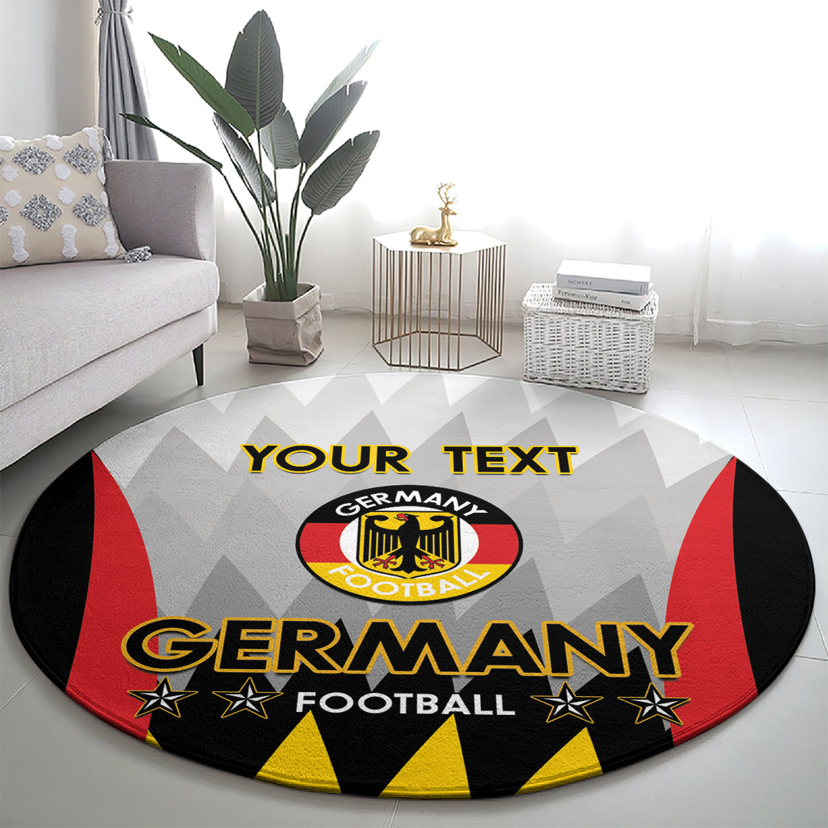 Round Germany football rug featuring crest, “YOUR TEXT,” and “GERMANY FOOTBALL” lettering