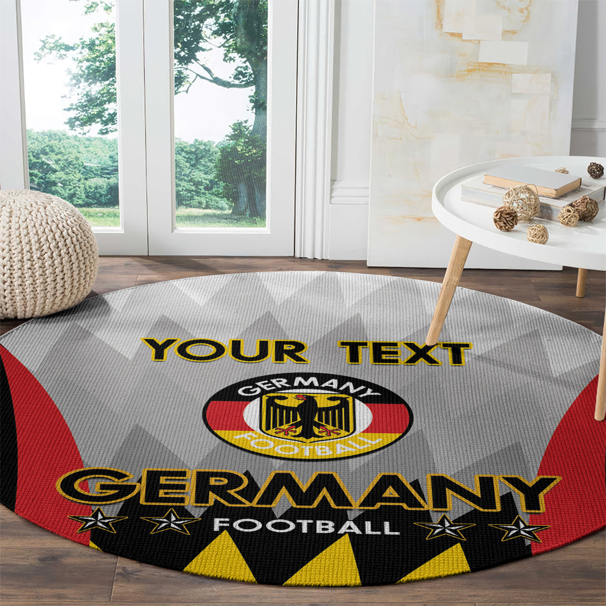 Round Germany football rug with “YOUR TEXT” and large “GERMANY” center graphic