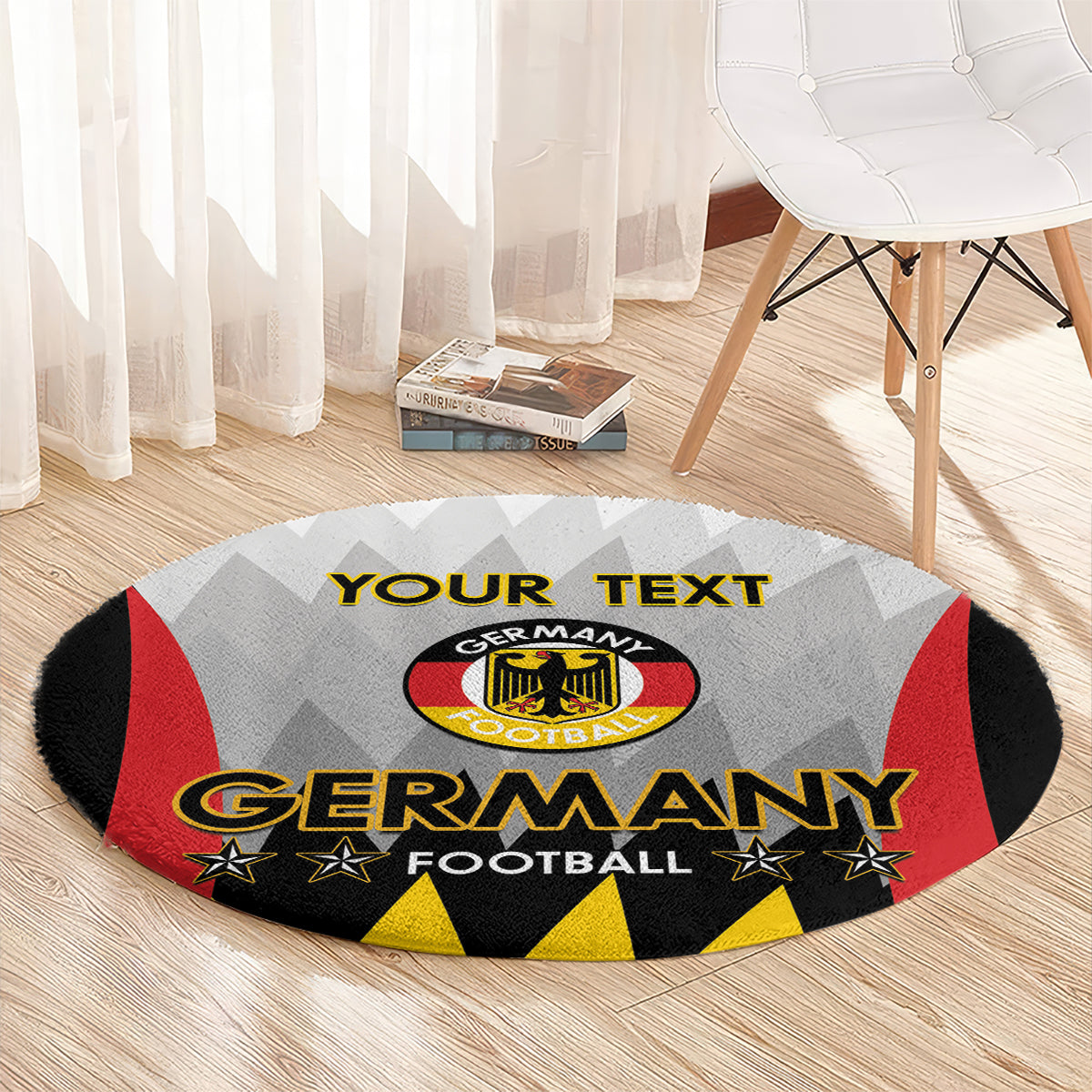 Round Germany football rug with crest, “GERMANY FOOTBALL” text, and “YOUR TEXT”