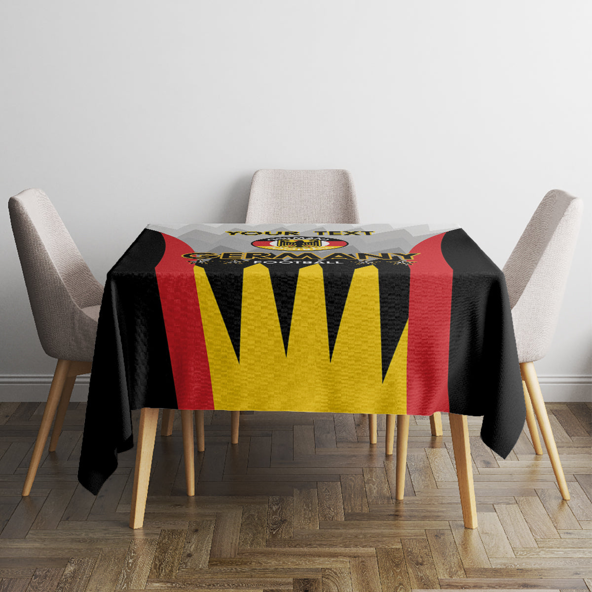 Germany football tablecloth in black, red, and yellow with crest graphic on top
