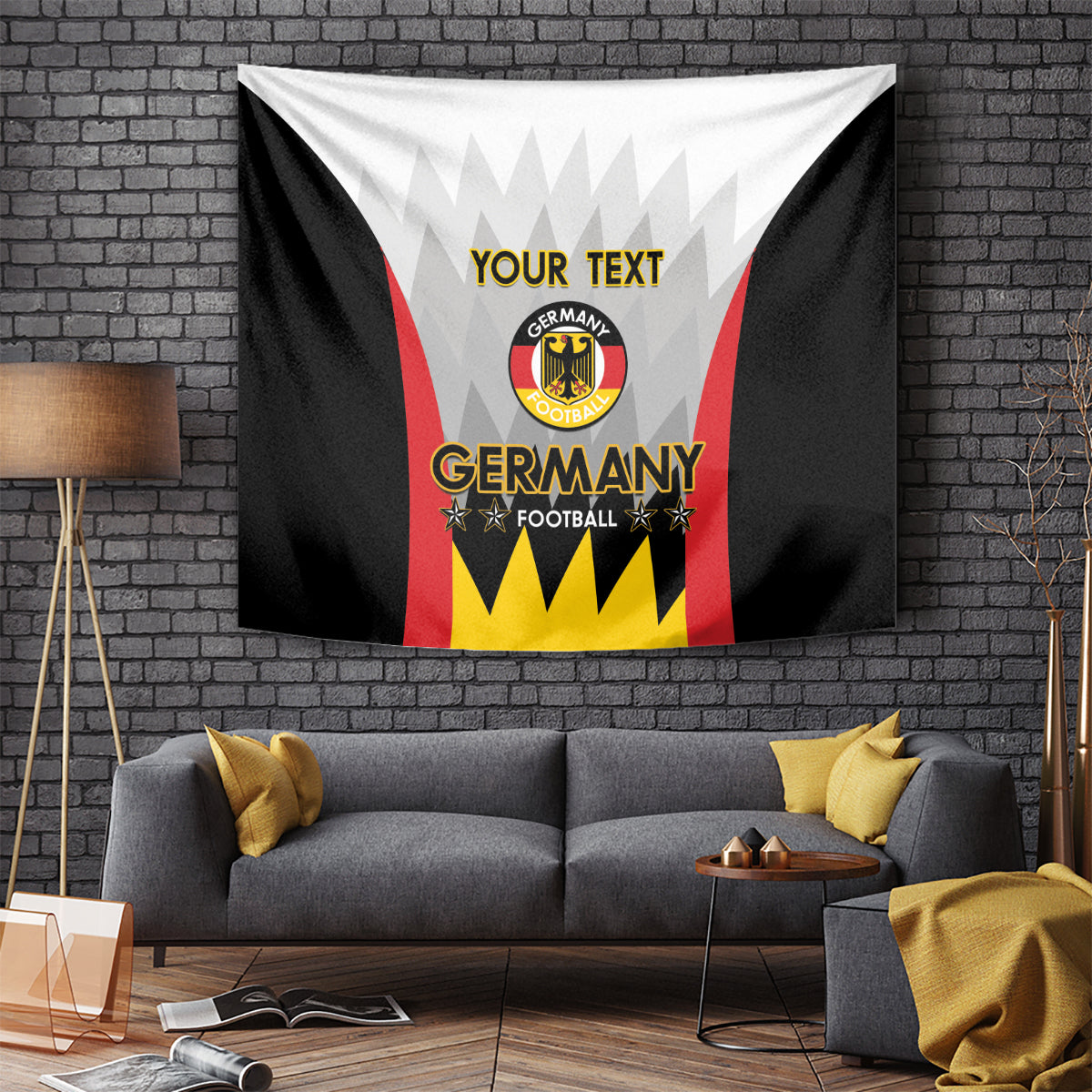 White Germany football tapestry with black, red, and yellow graphic plus custom “YOUR TEXT”