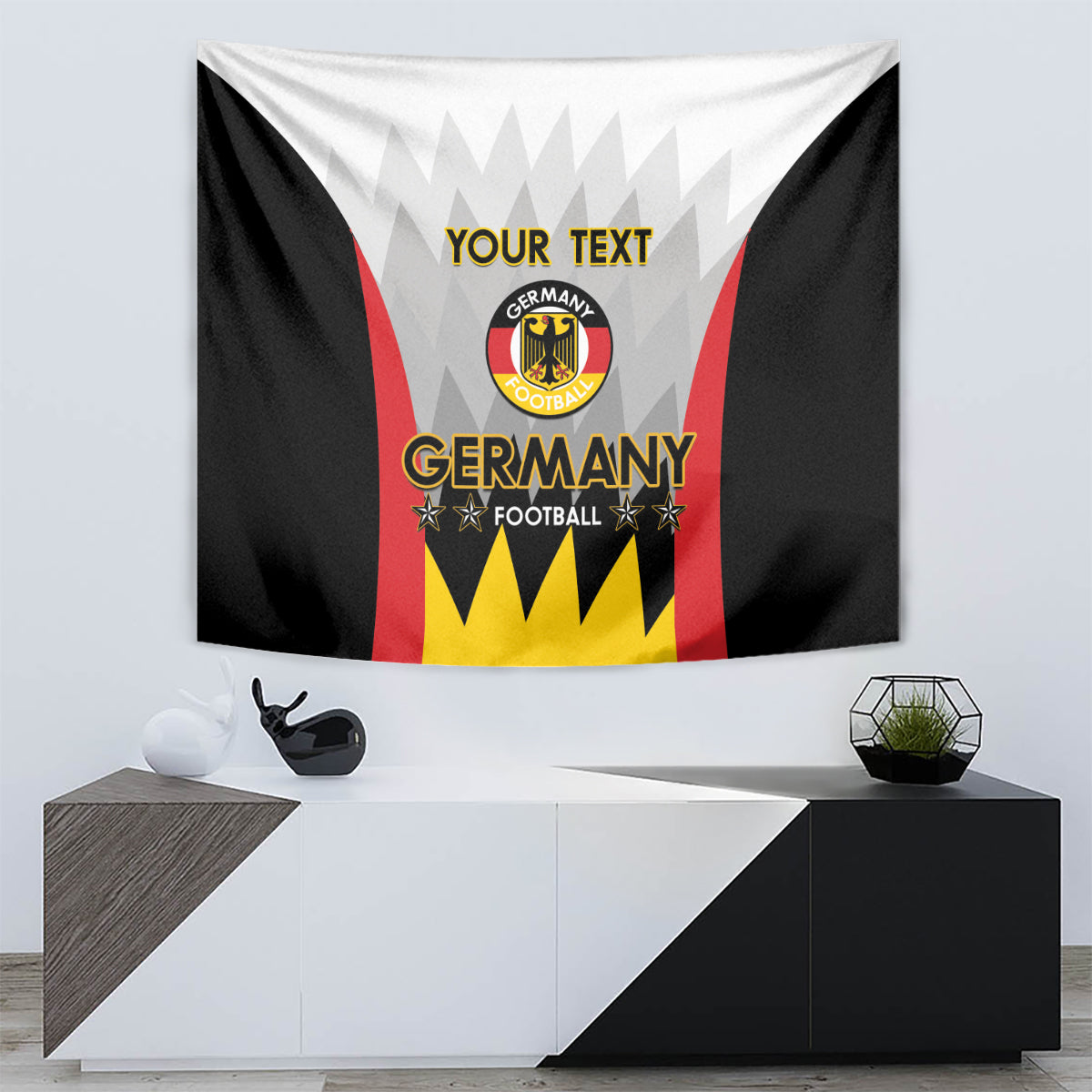 Germany football tapestry with crest and “YOUR TEXT” centered on a black-red-yellow shield