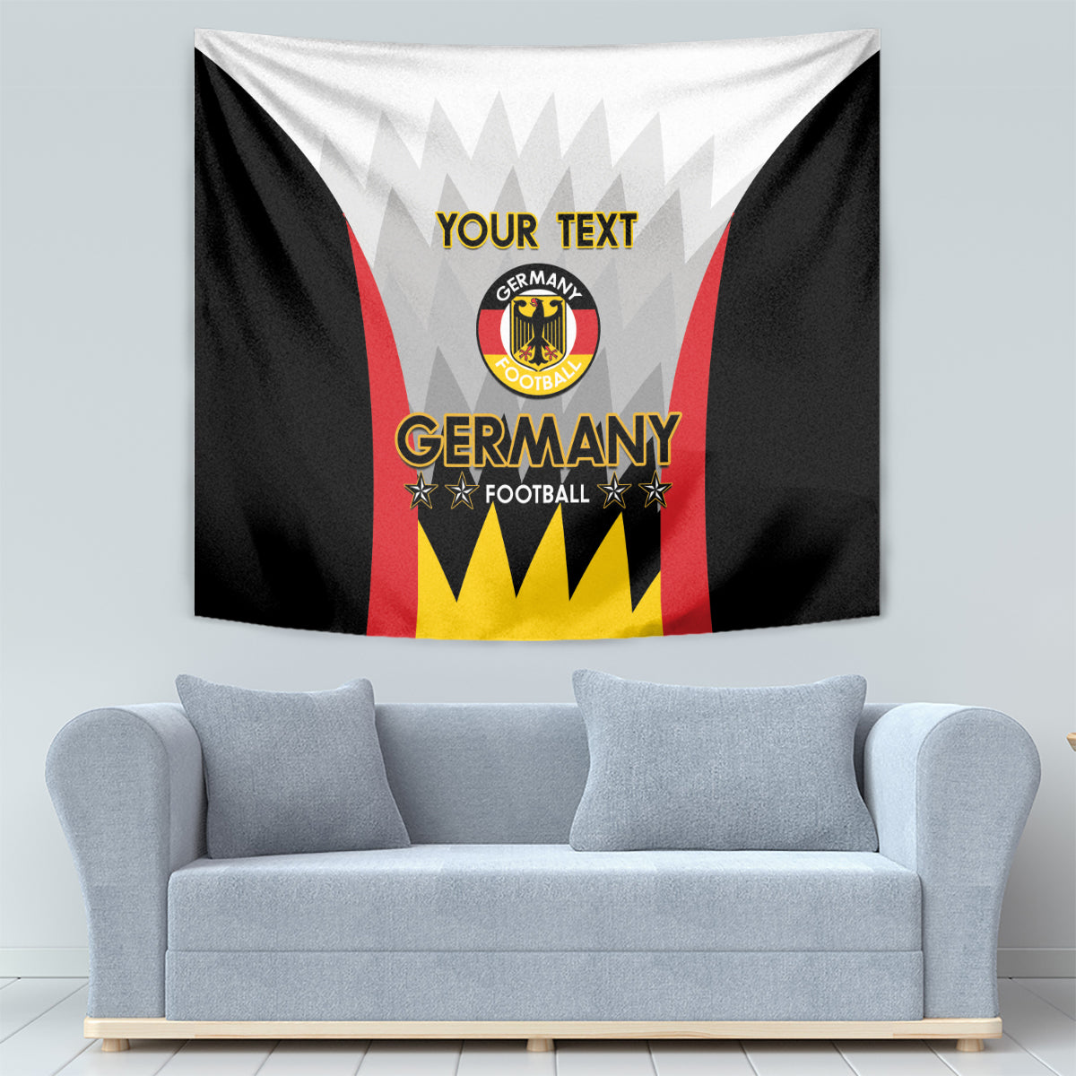 White wall tapestry featuring Germany football crest, crown shapes, and “YOUR TEXT”