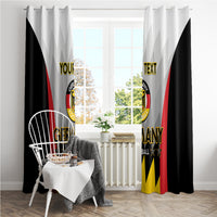 Window curtains with Germany football crest and custom text, hanging with grommets
