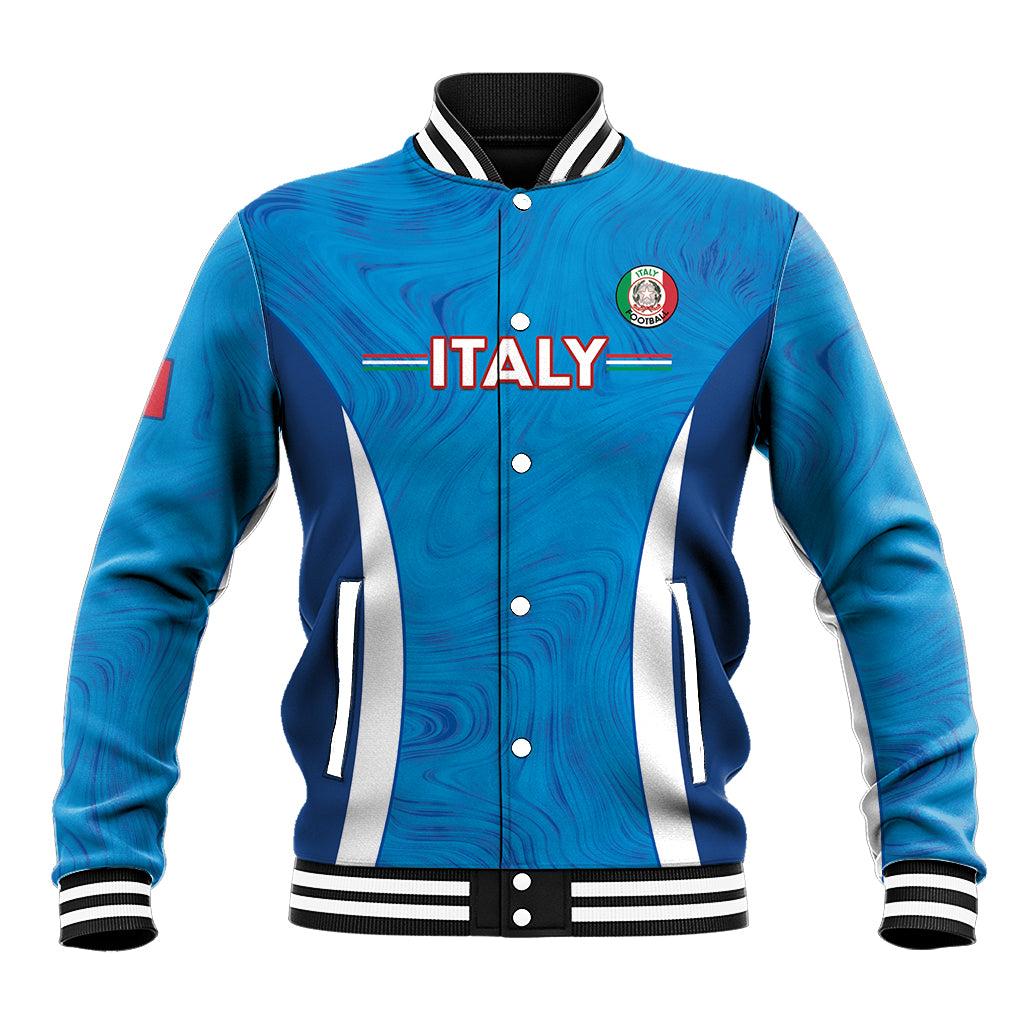 Blue marble-pattern varsity baseball jacket with snap front, striped sides, ribbed collar.