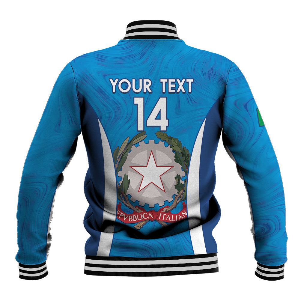 Blue marble-pattern varsity baseball jacket with back 'YOUR TEXT' 14 and crest badge.