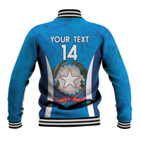 Blue marble-pattern varsity baseball jacket with back 'YOUR TEXT' 14 and crest badge.