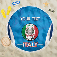 Round blue Italy football beach blanket, white side stripes, fringe border and crest