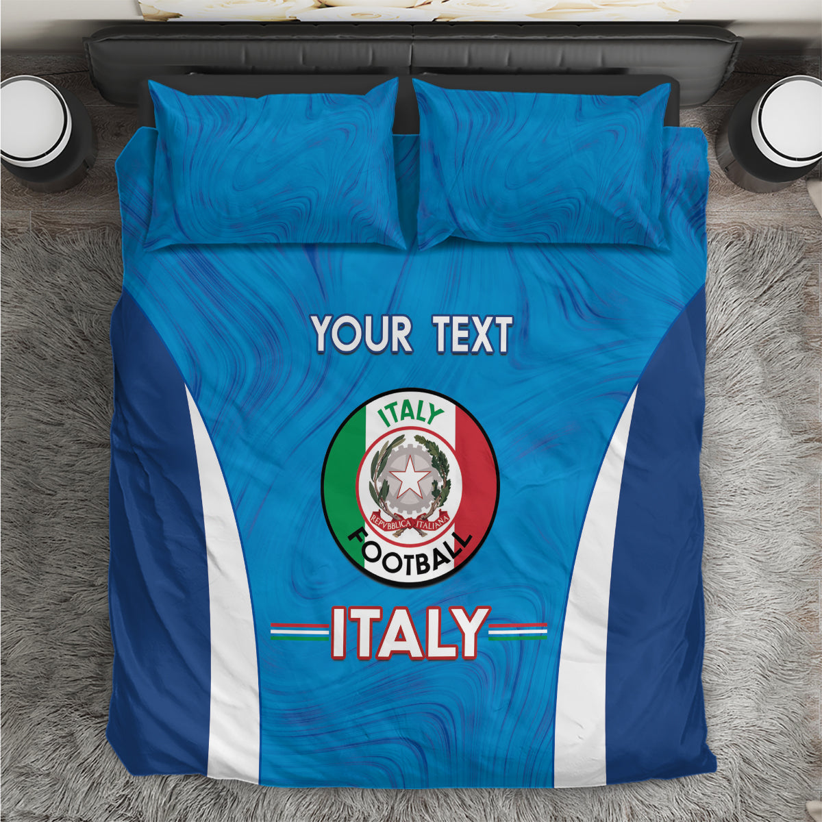 Blue Italy football bedding set with crest and vertical stripes, includes duvet and 2 pillowcases.