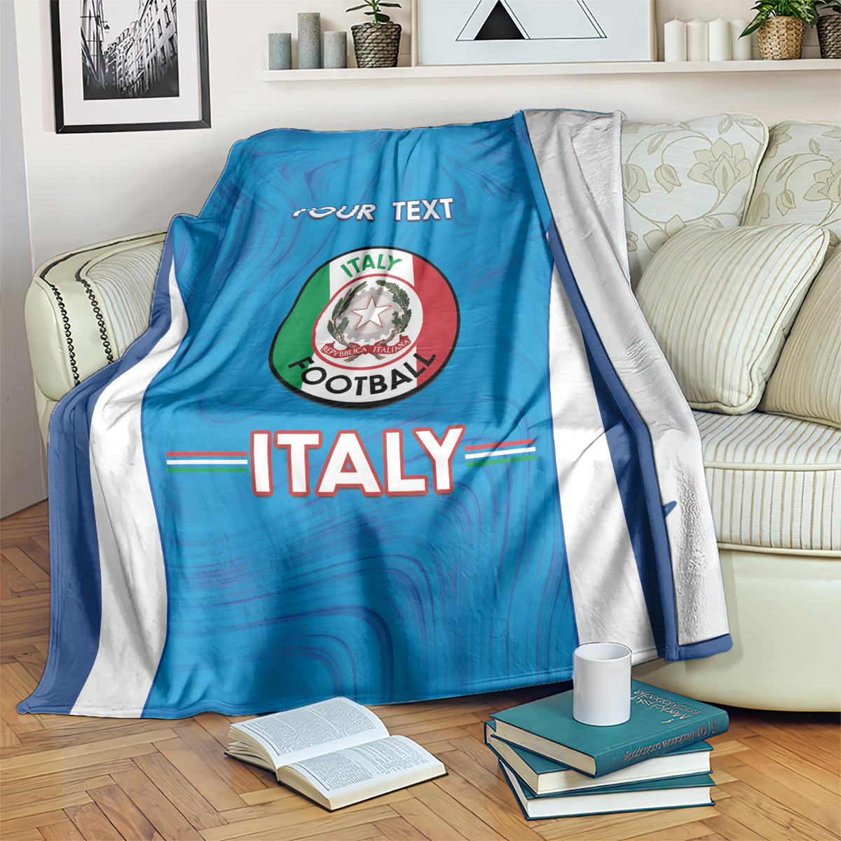 Blue Italy football blanket with white side stripes and custom text panel, folded end