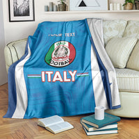 Blue Italy football blanket with white side stripes and custom text panel, folded end