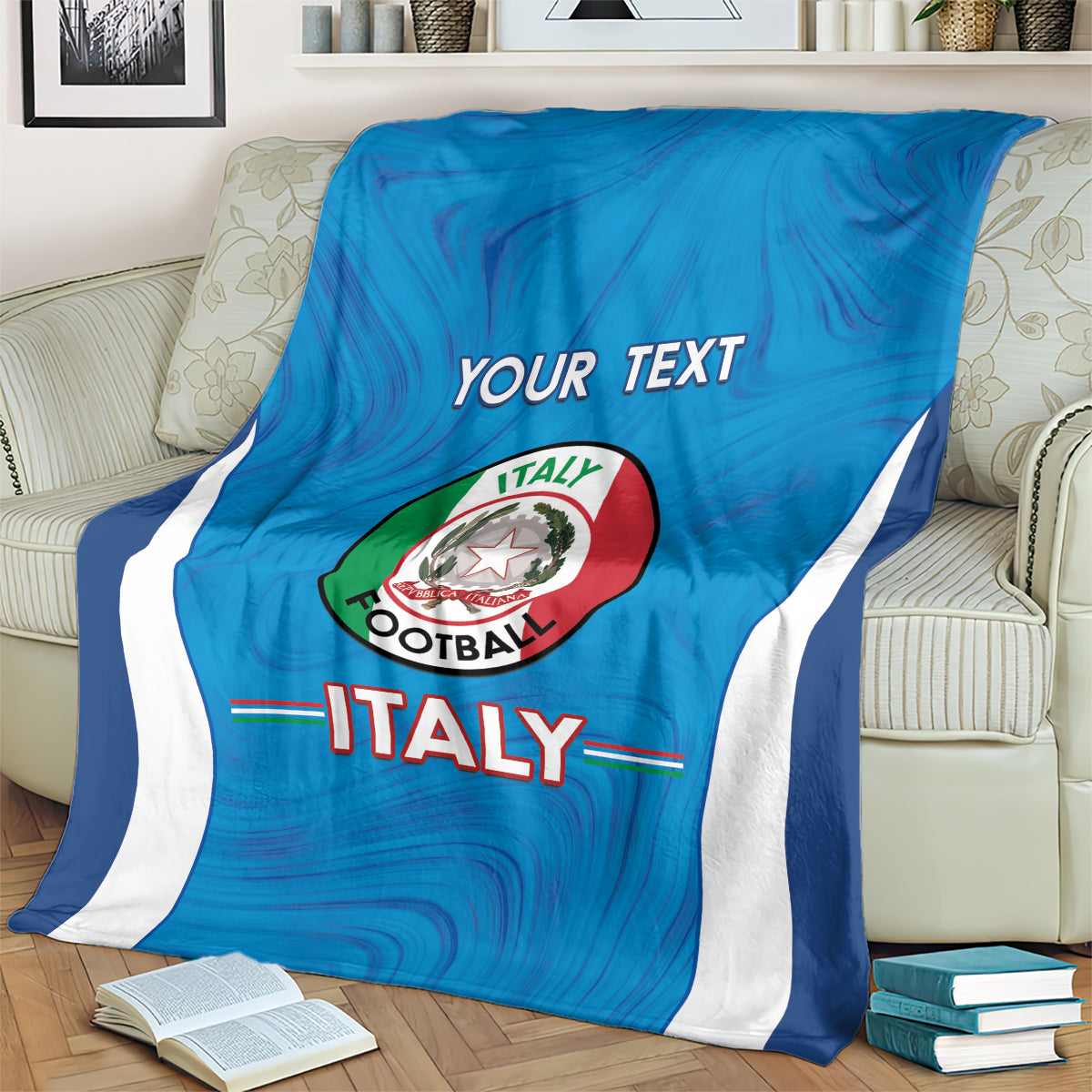 Blue Italy football blanket with white stripes, Italy football crest and YOUR TEXT