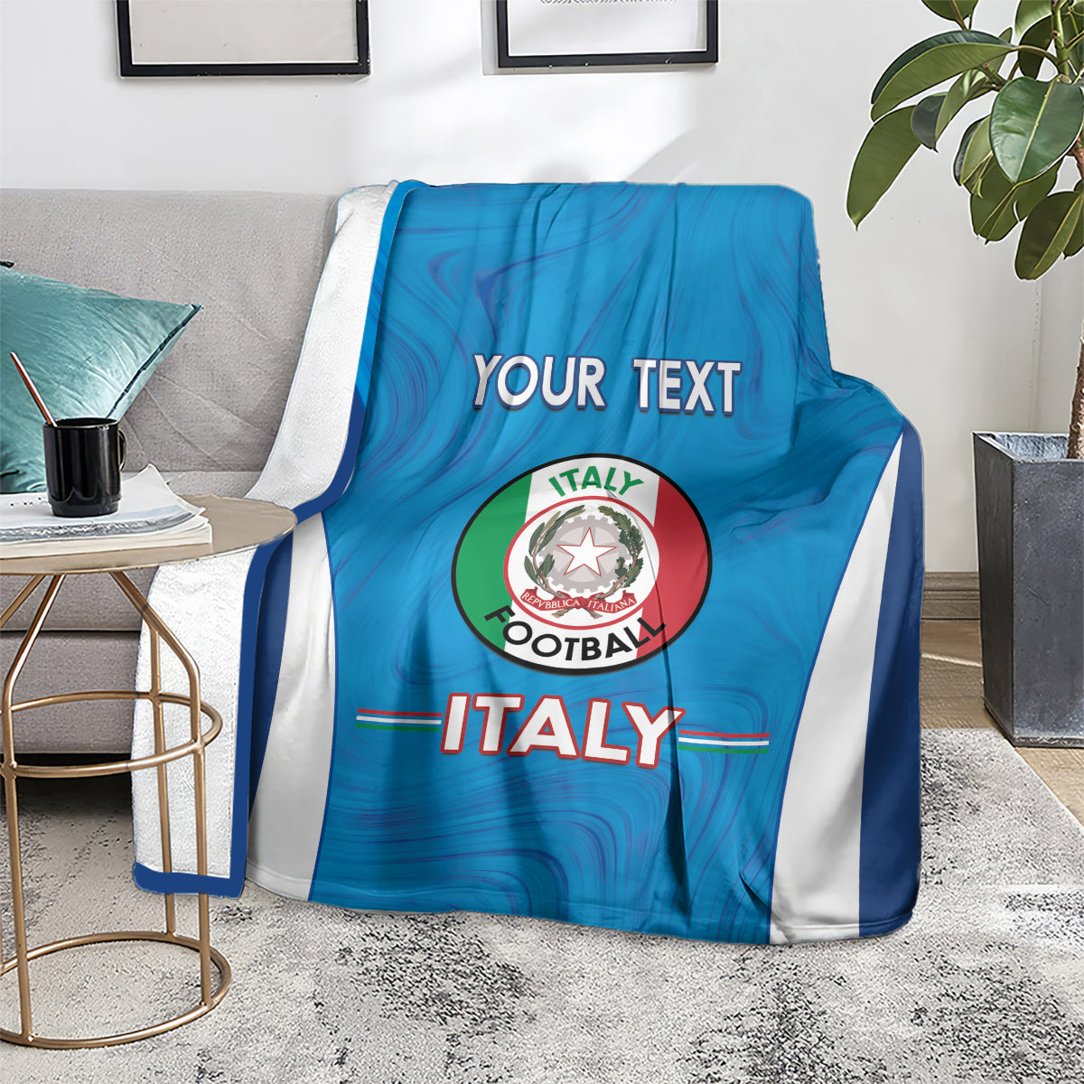Blue Italy football blanket with white side panels, Italy crest logo and YOUR TEXT