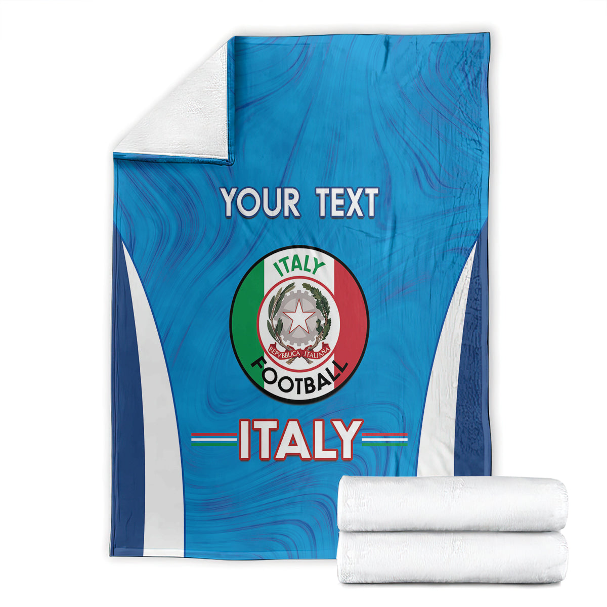 Blue Italy football blanket with white stripes, crest and YOUR TEXT; folded with stack