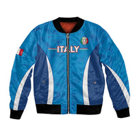 Blue marble football bomber jacket with front zipper, ITALY print, sleeve flag, ribbed cuffs