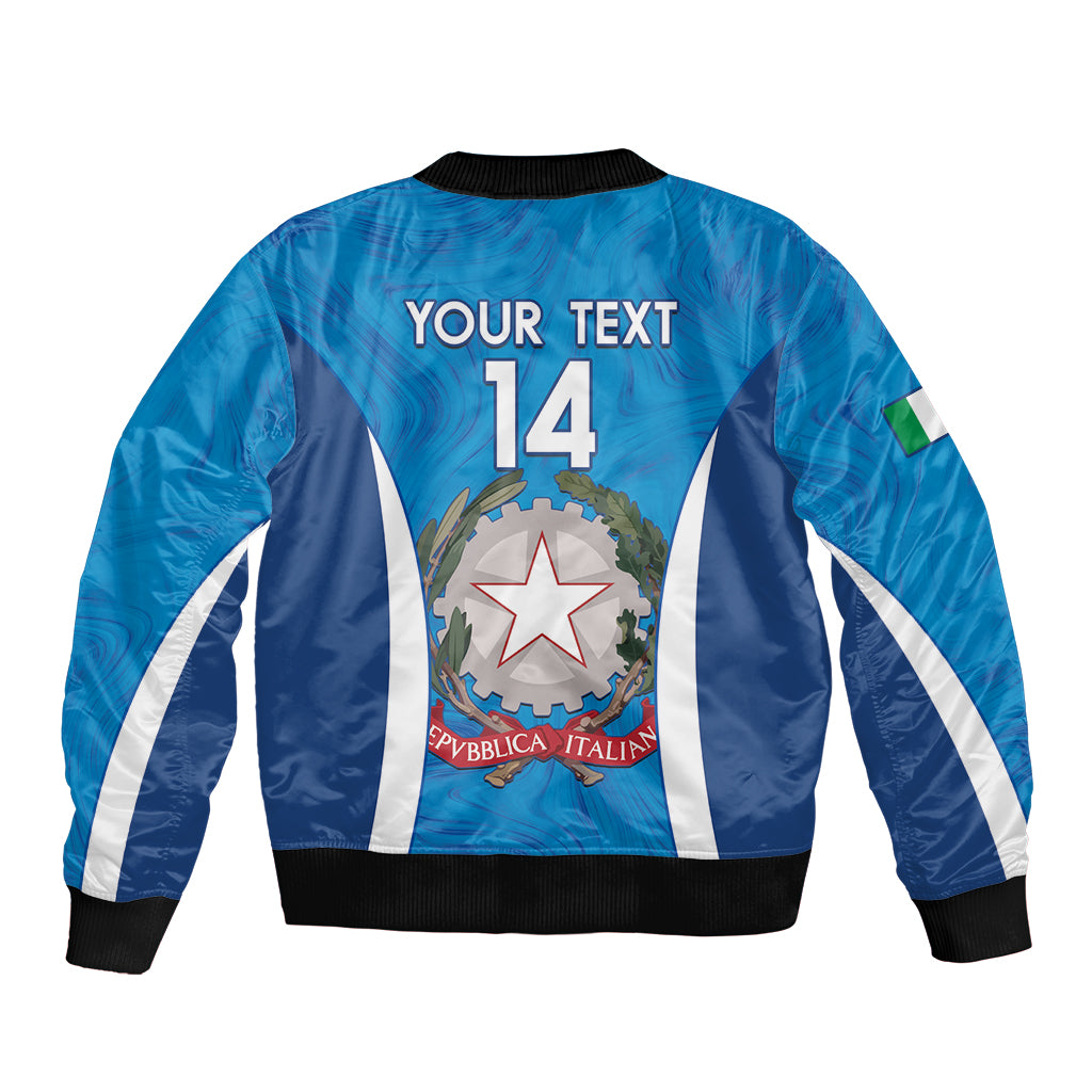 Blue marble football bomber jacket with number 14 and crest, ribbed black trim