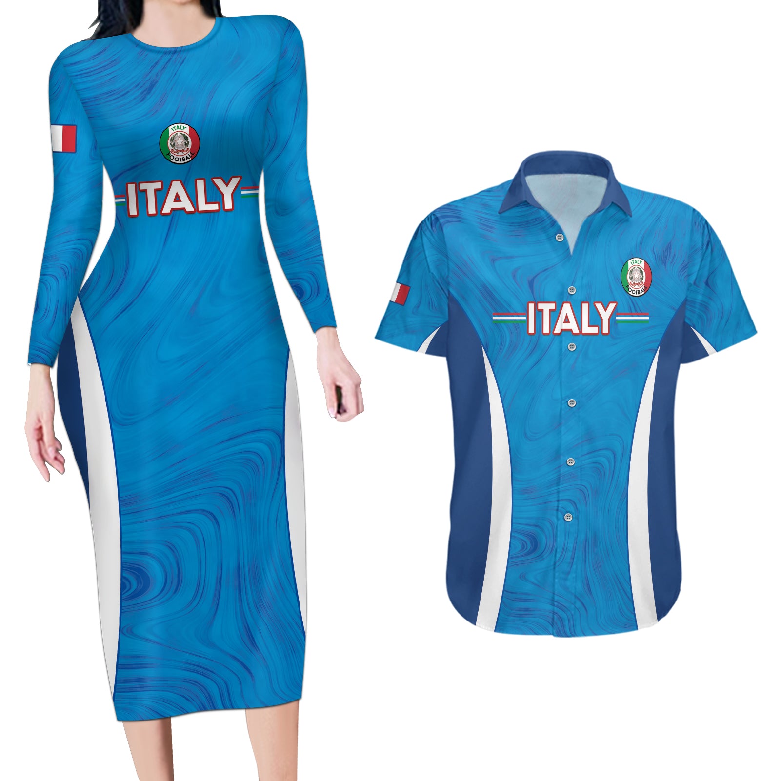 Custom Italy Football Couples Matching Long Sleeve Bodycon Dress and Hawaiian Shirt 2024 Gli Azzurri Marble Pattern - Wonder Print Shop