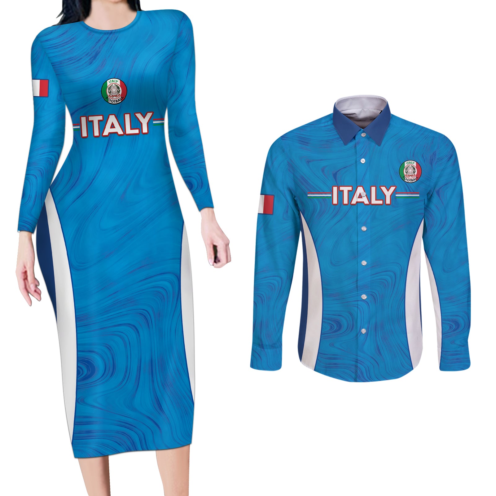 Custom Italy Football Couples Matching Long Sleeve Bodycon Dress and Long Sleeve Button Shirt 2024 Gli Azzurri Marble Pattern - Wonder Print Shop