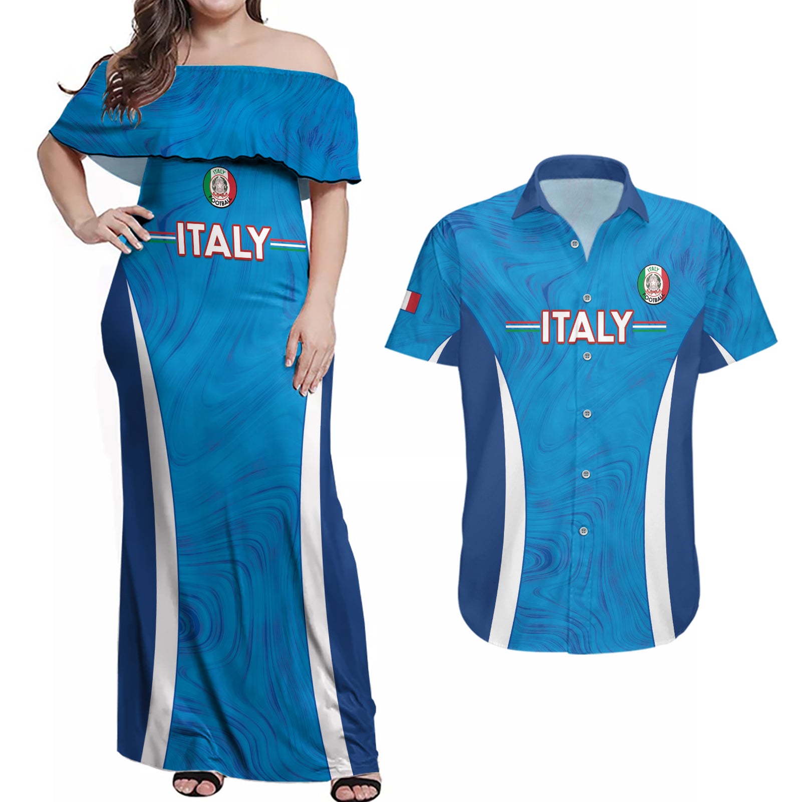 Custom Italy Football Couples Matching Off Shoulder Maxi Dress and Hawaiian Shirt 2024 Gli Azzurri Marble Pattern - Wonder Print Shop