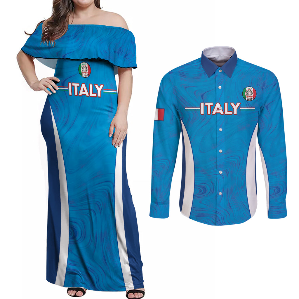 Custom Italy Football Couples Matching Off Shoulder Maxi Dress and Long Sleeve Button Shirt 2024 Gli Azzurri Marble Pattern - Wonder Print Shop