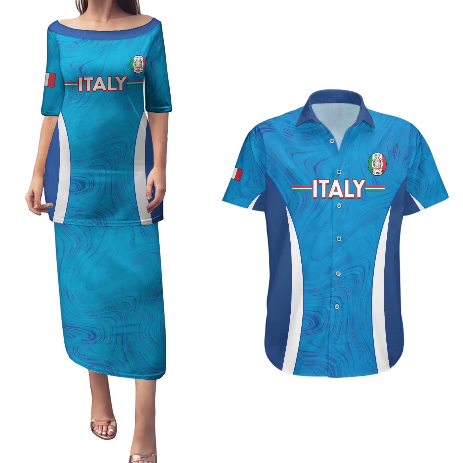 Custom Italy Football Couples Matching Puletasi and Hawaiian Shirt 2024 Gli Azzurri Marble Pattern - Wonder Print Shop