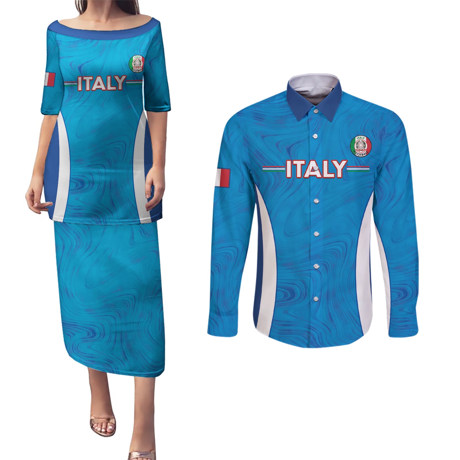 Custom Italy Football Couples Matching Puletasi and Long Sleeve Button Shirt 2024 Gli Azzurri Marble Pattern - Wonder Print Shop