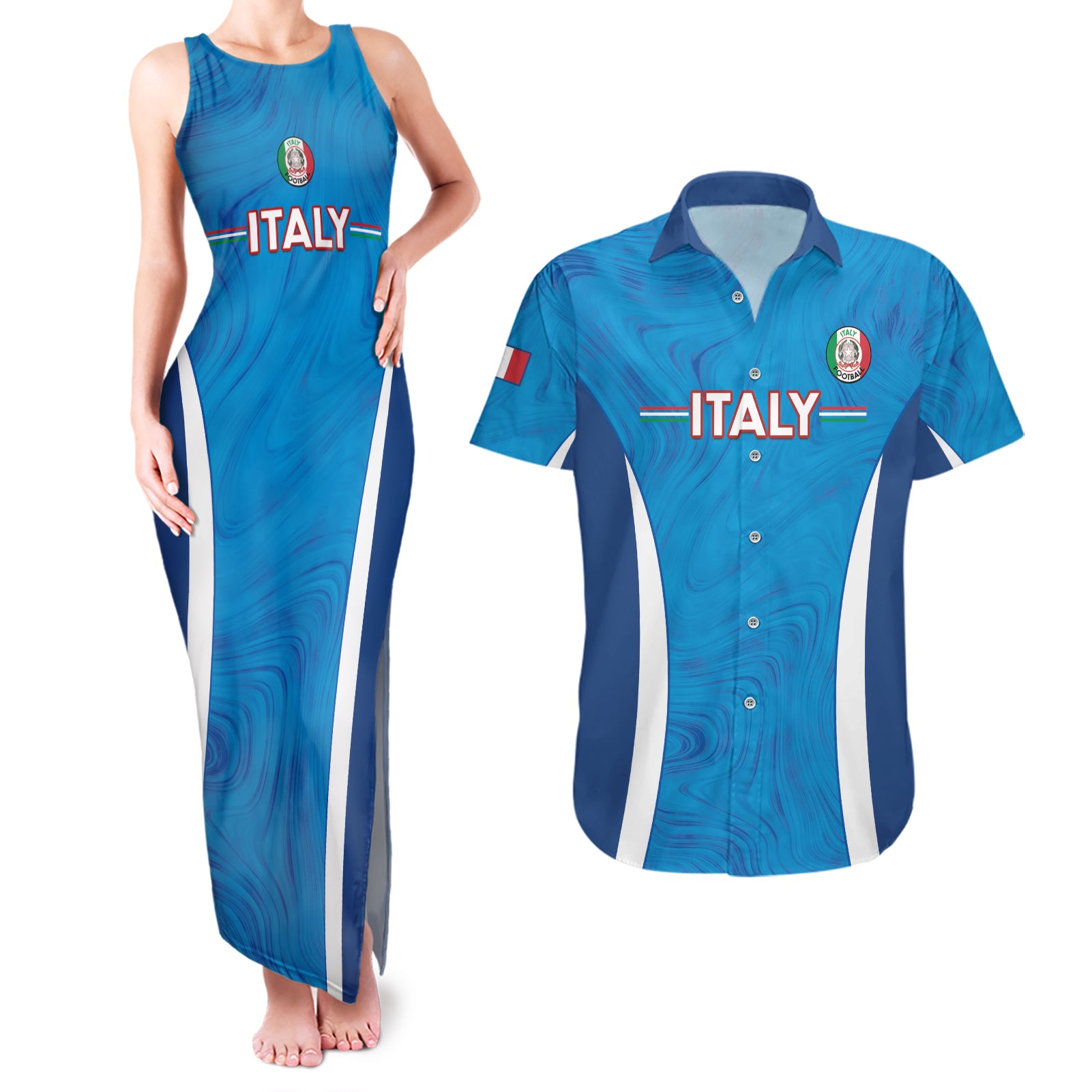 Custom Italy Football Couples Matching Tank Maxi Dress and Hawaiian Shirt 2024 Gli Azzurri Marble Pattern - Wonder Print Shop