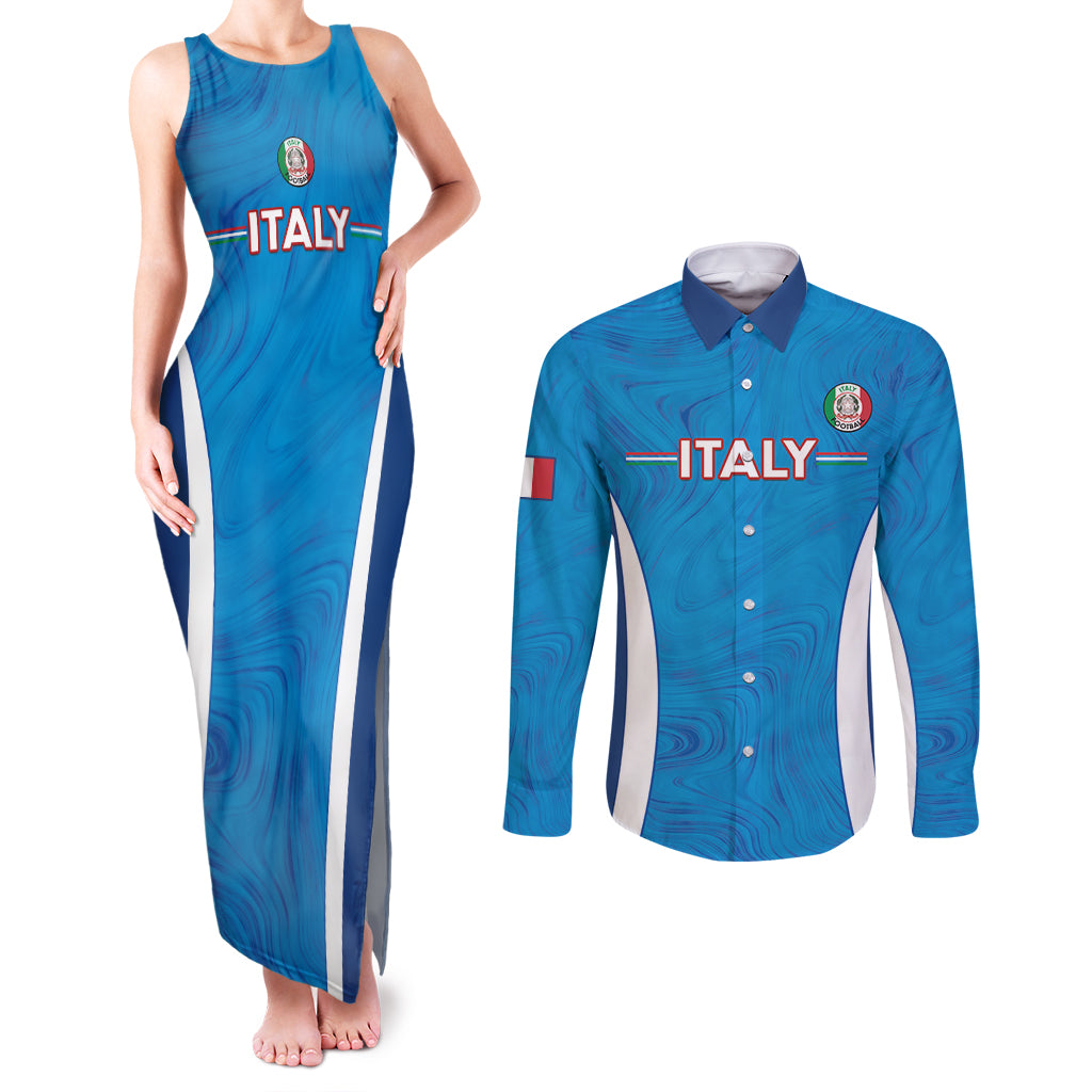 Custom Italy Football Couples Matching Tank Maxi Dress and Long Sleeve Button Shirt 2024 Gli Azzurri Marble Pattern - Wonder Print Shop