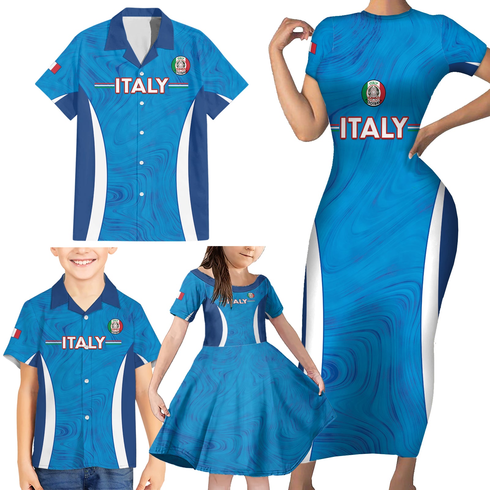 Custom Italy Football Family Matching Short Sleeve Bodycon Dress and Hawaiian Shirt 2024 Gli Azzurri Marble Pattern - Wonder Print Shop