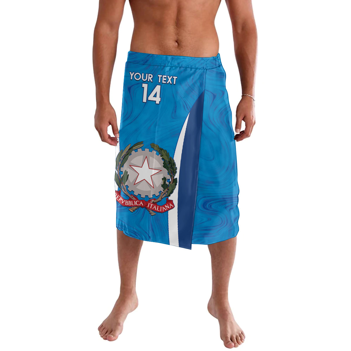 Blue lavalava football shorts with 'YOUR TEXT 14' print and marble graphics