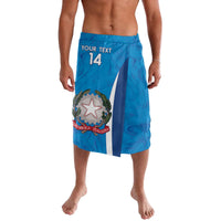 Blue lavalava football shorts with 'YOUR TEXT 14' print and marble graphics