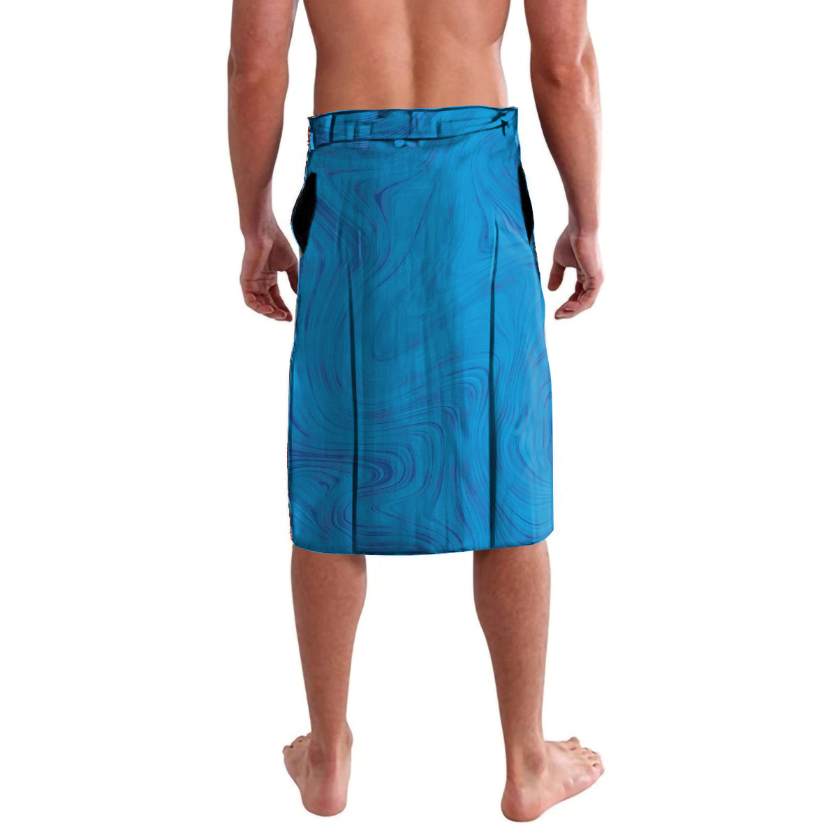 Blue lavalava football shorts with abstract marble pattern and dark trim