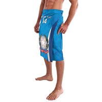 Blue lavalava football shorts with 'YOUR TEXT 14' front print and side stripe