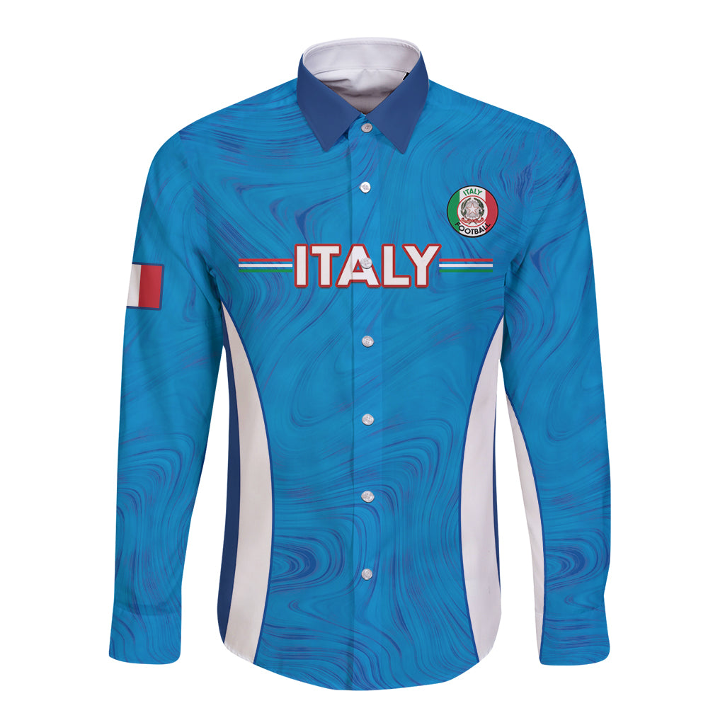 Blue long-sleeve button-up football shirt with marble pattern and crest patch