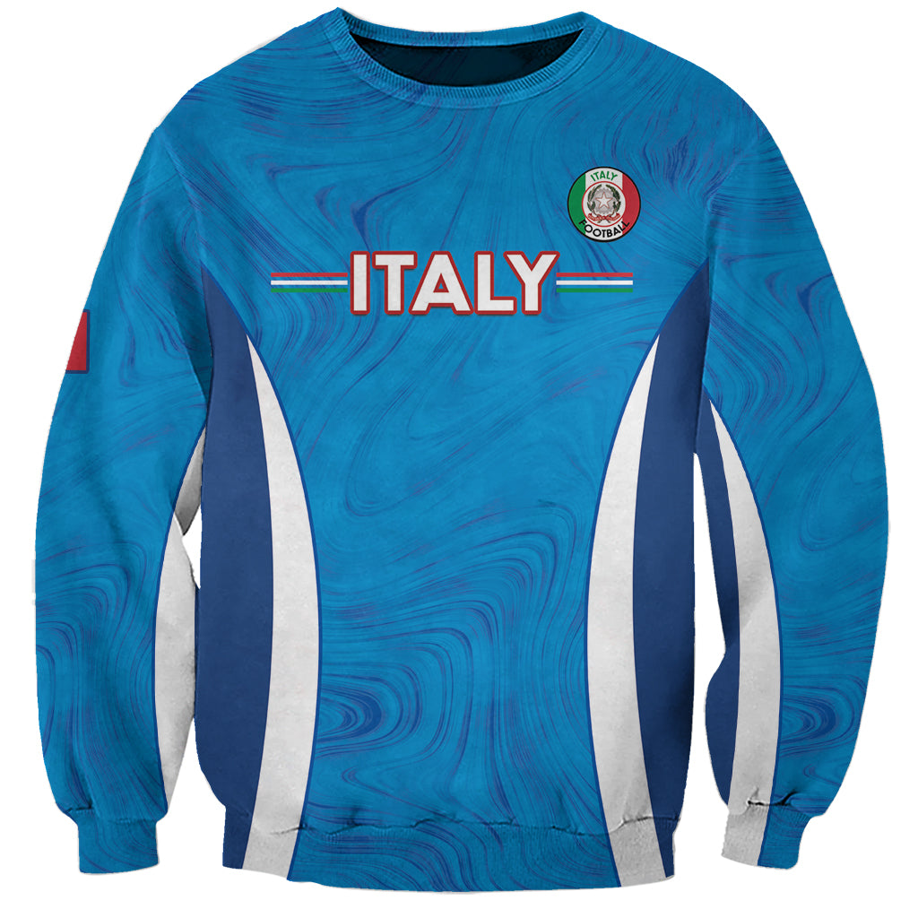 Unisex blue football sweatshirt with marble pattern, crewneck, Italy crest and stripe graphic
