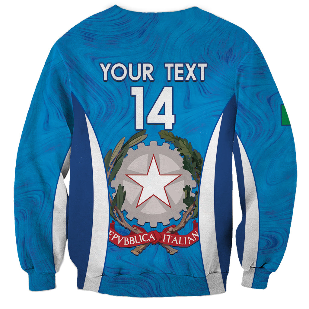 Unisex blue football sweatshirt back with marble pattern, 'YOUR TEXT 14' and crest emblem