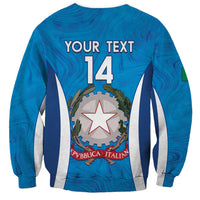 Unisex blue football sweatshirt back with marble pattern, 'YOUR TEXT 14' and crest emblem