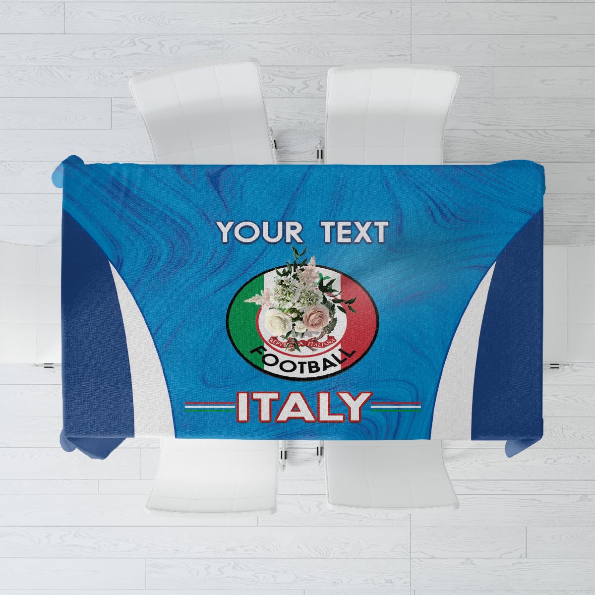 Custom football tablecloth in blue with white stripes and Italy crest centerpiece