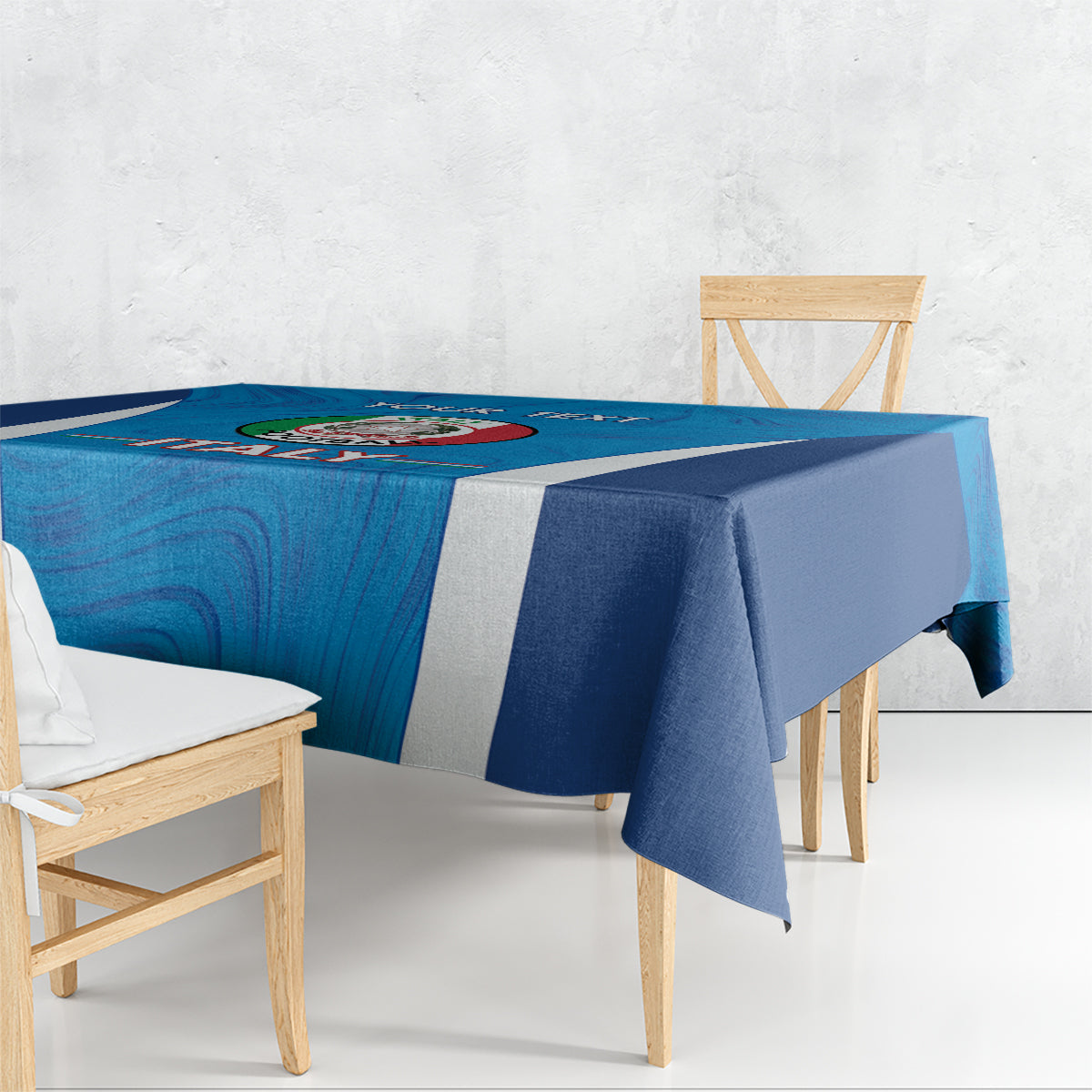 Blue football tablecloth with white side panels, marble swirl print, Italy graphic