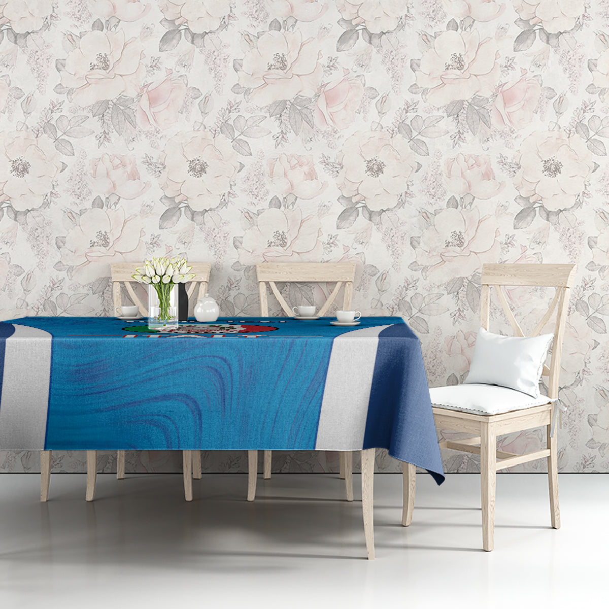 Blue football tablecloth with white stripe panels and Italy crest, marble swirl pattern
