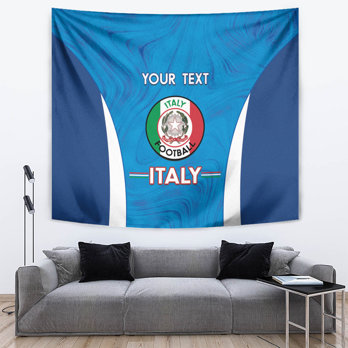 Blue Italy football tapestry with marble pattern, crest, YOUR TEXT and ITALY.