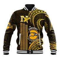 Unisex baseball jacket with gold and dark Polynesian-style pattern, striped collar cuffs.
