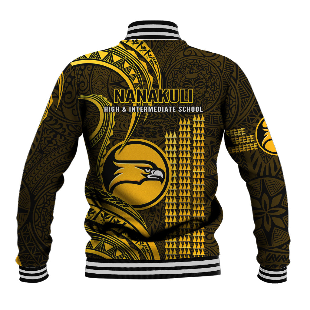 Unisex baseball jacket back with large logo and gold geometric pattern, striped hem cuffs.